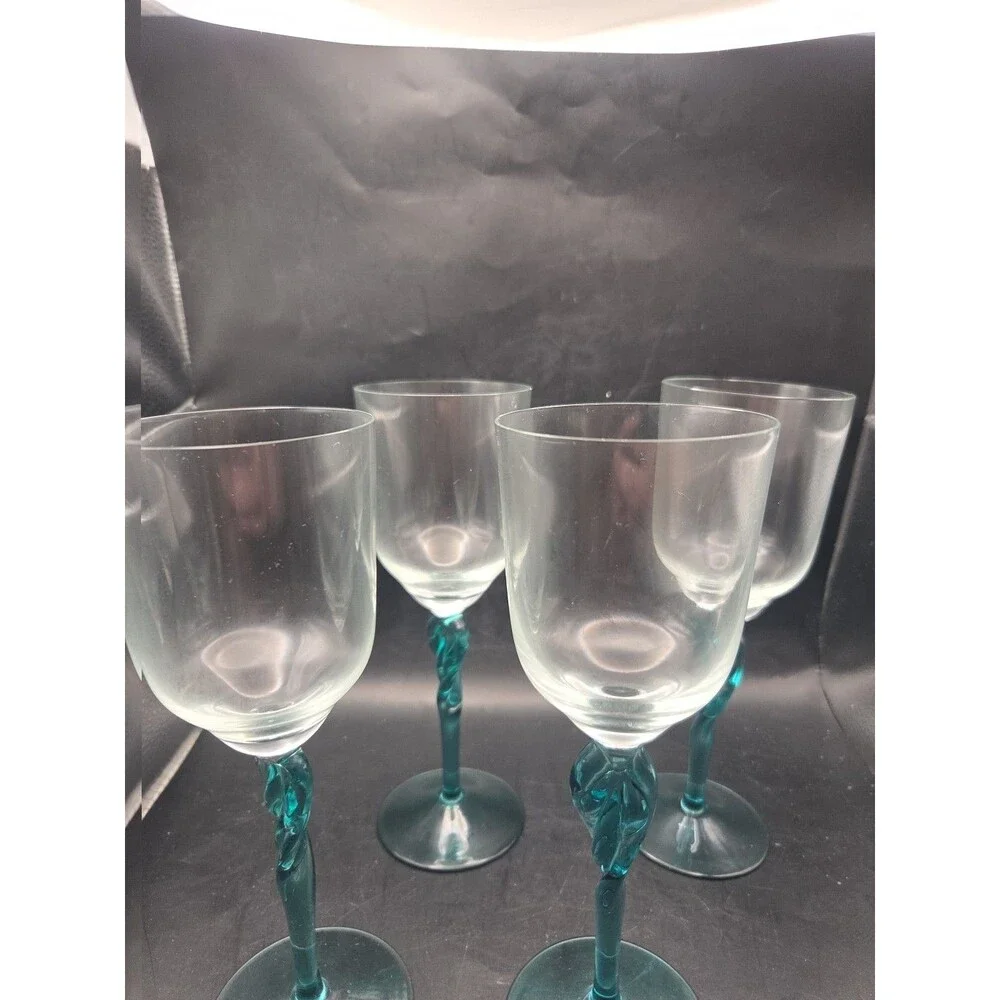 Green Stem Wine Glass Set of 4 Twist Stem Blown Glass